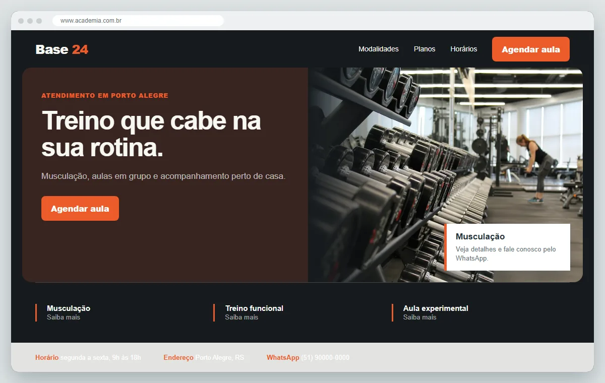 Exemplo de como ficaria o site para academia