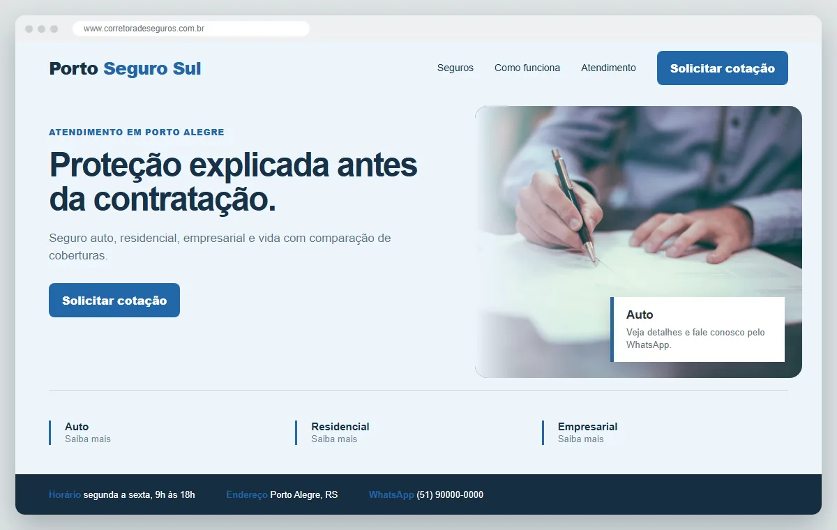 Exemplo de como ficaria o site para corretora de seguros