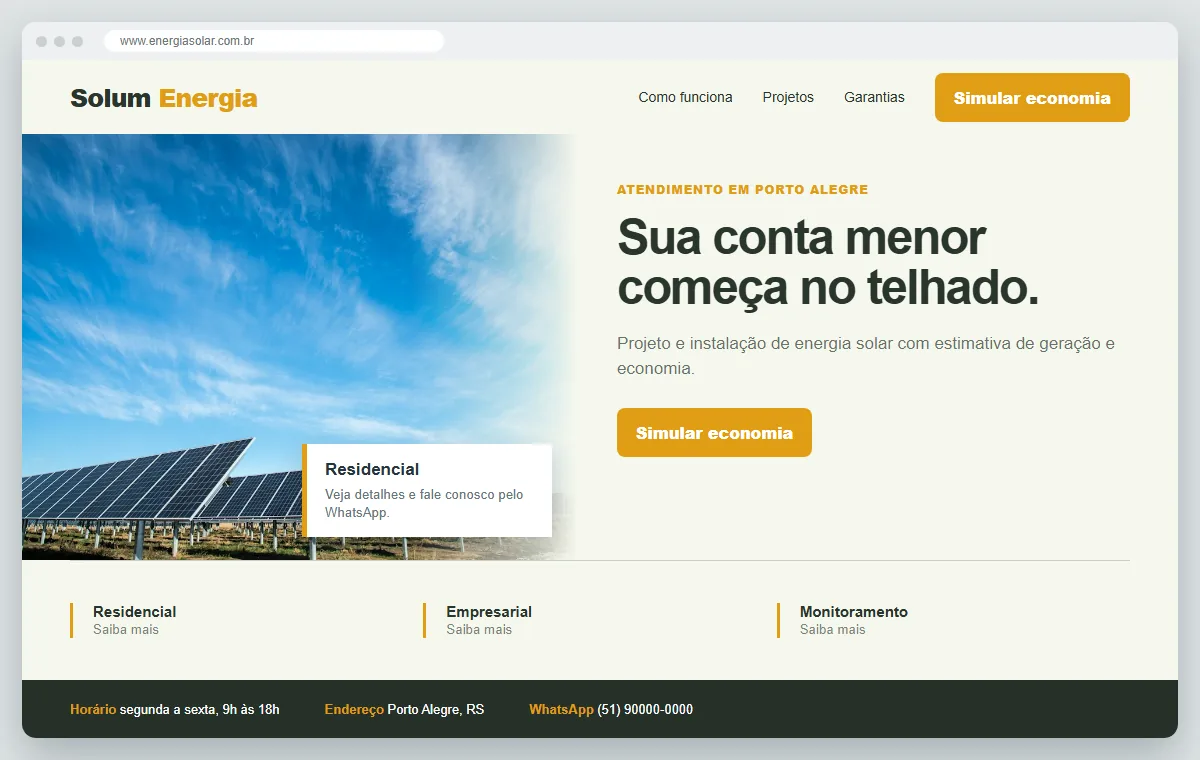 Exemplo de como ficaria o site para energia solar