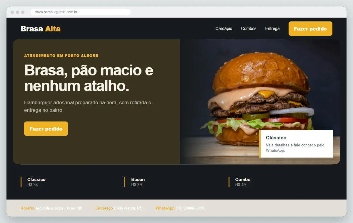 Exemplo de como ficaria o site para hamburgueria