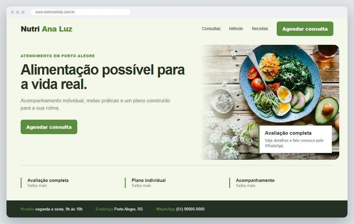 Exemplo de como ficaria o site para nutricionista