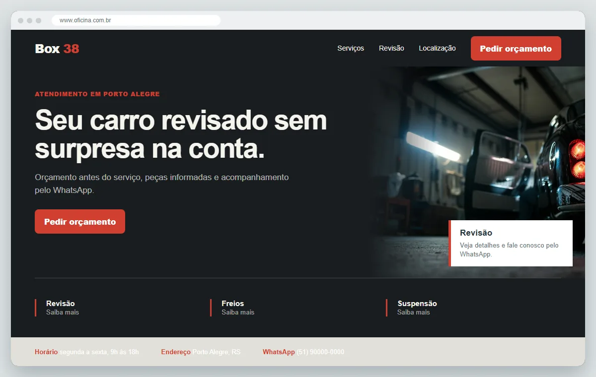 Exemplo de como ficaria o site para oficina mecânica