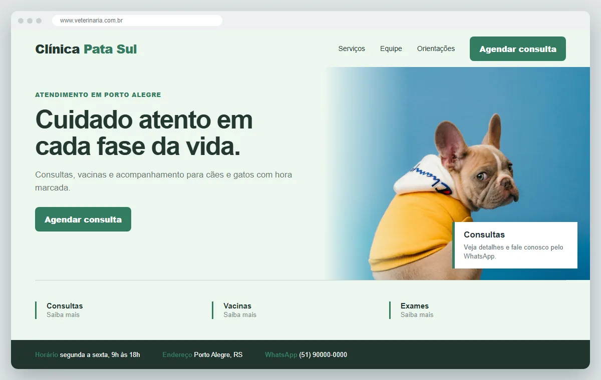 Exemplo de como ficaria o site para veterinária